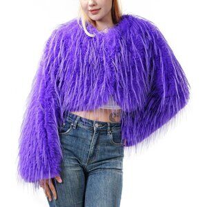 Women's Faux Fur Coat Purple Slim Cropped Fuzzy Fluffy Fall Winter Jacket